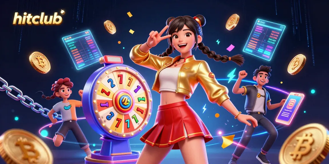 Hitclub's vibrant slots experience with a joyful Asian woman, jackpot themes, and digital currencies.