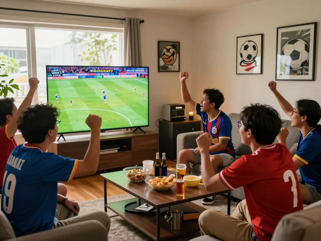 Exciting scene of fans enjoying Luong Son TV football match at home, celebrating camaraderie and community.
