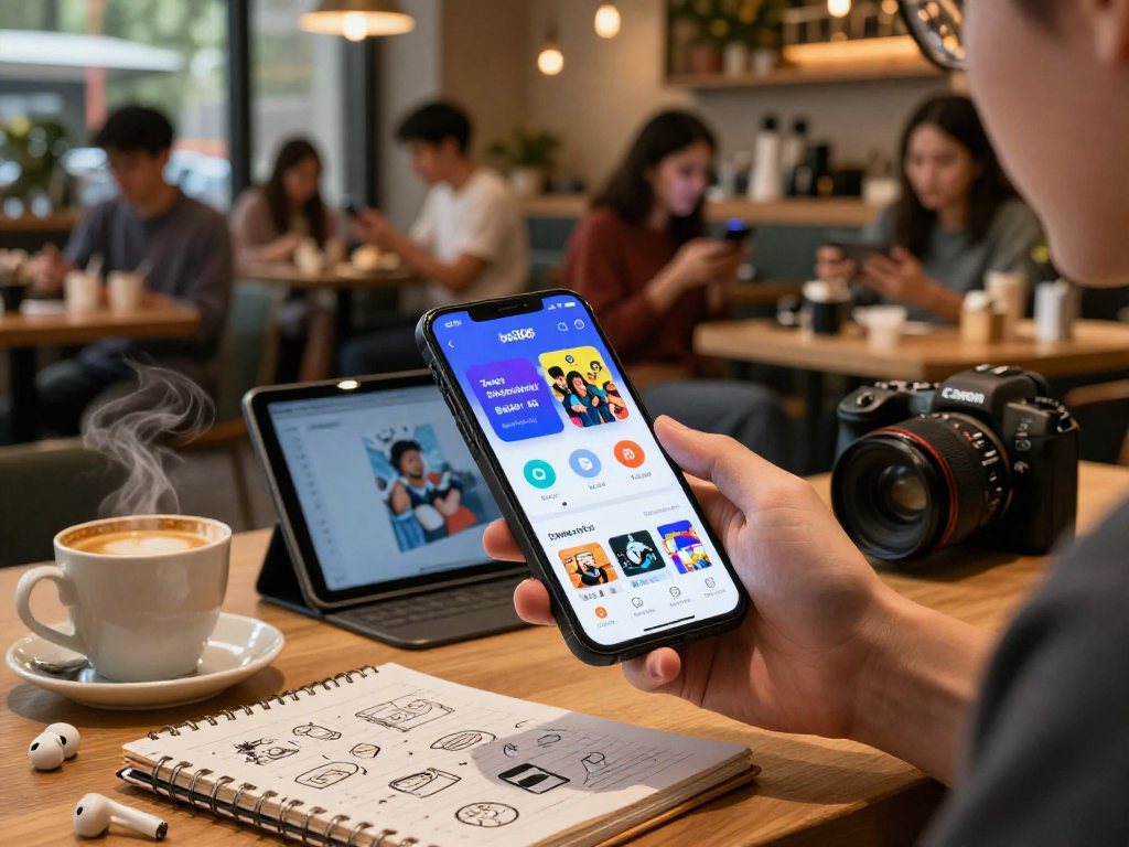 bd188 na platform sa isang smartphone na may mga laro at app sa cozy café na may kape.
