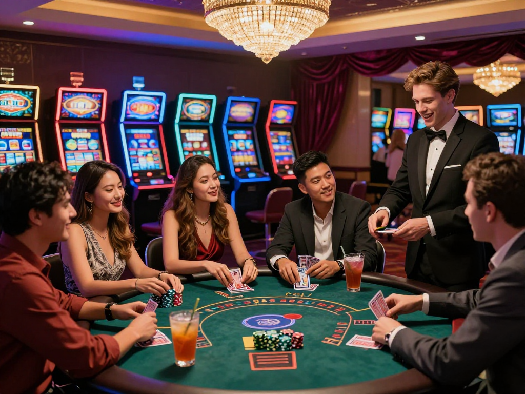 Engaging friends at a blackjack table enjoying rokok88 in a lively casino atmosphere