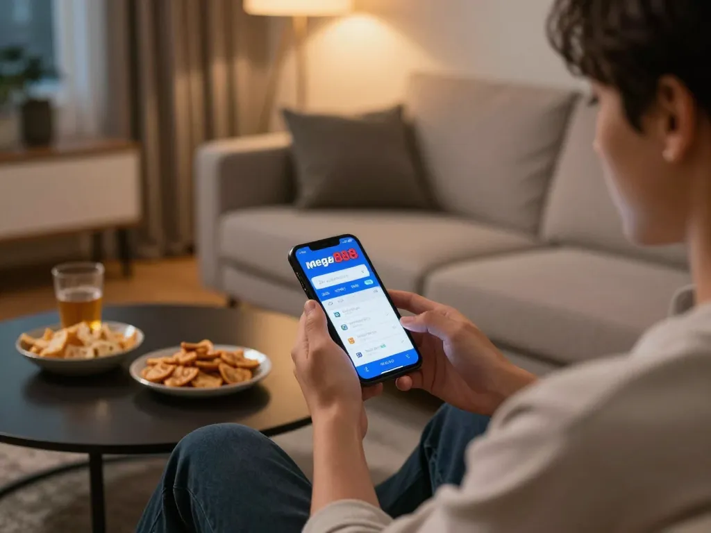 Engaging with the mega888 apk app on a mobile device in a cozy living room setting.