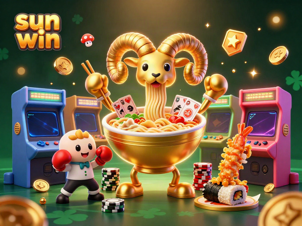 Engage in thrilling gameplay with sun win, featuring a golden ramen bowl dealer and vibrant casino elements.
