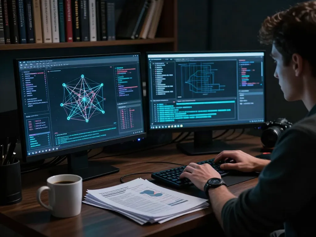 Dark web expert examining complex data visualizations related to the hidden wiki onion.