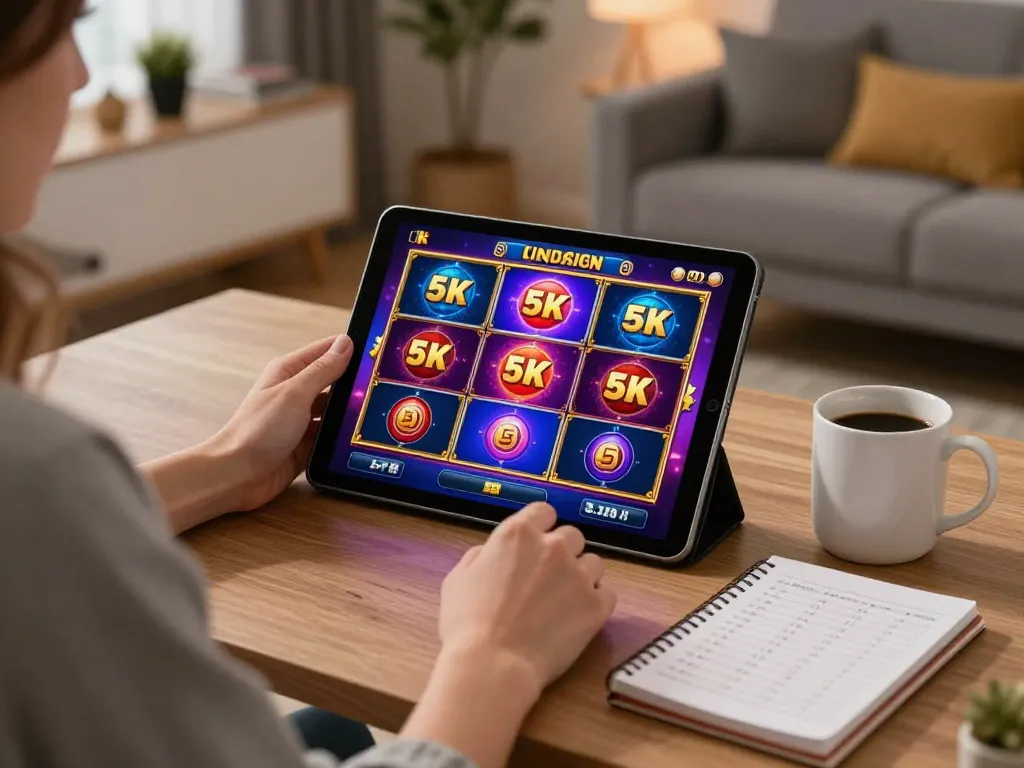 Playing slot 5k games on a tablet in a cozy home setup, highlighting strategic gameplay.