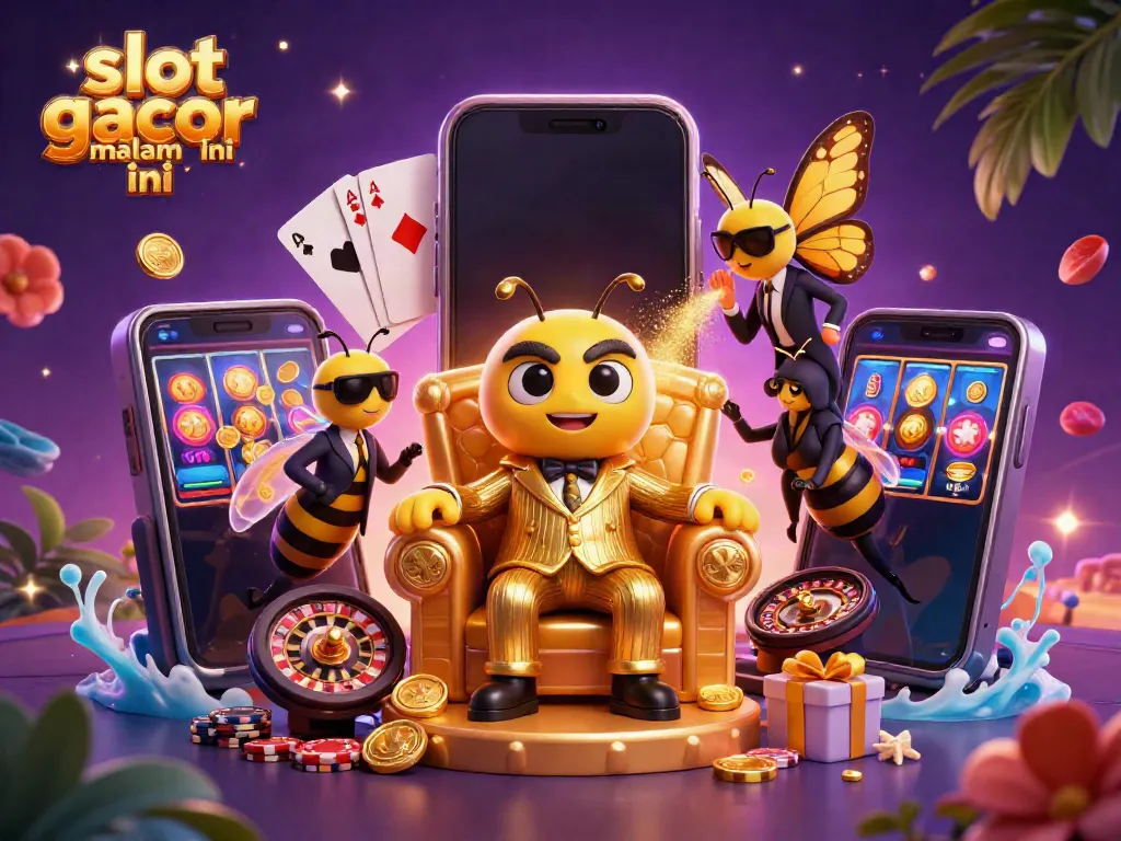 Slot gacor malam ini menampilkan bos lebah kartun dalam suasana kasino yang meriah.