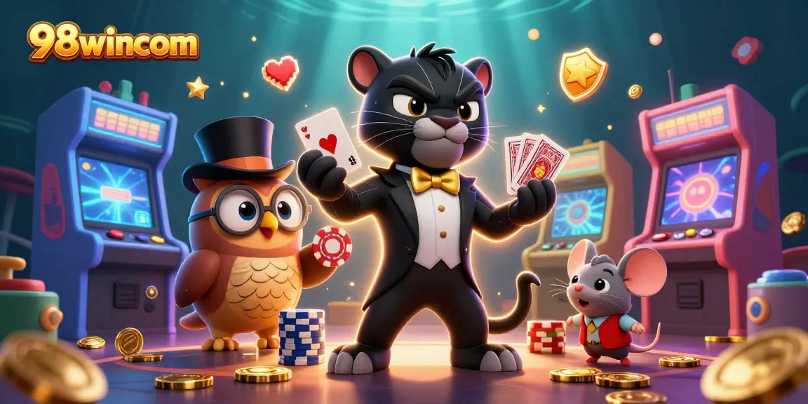 Play casino games with the stylish 98wincom characters in a vibrant, 3D casino scene.