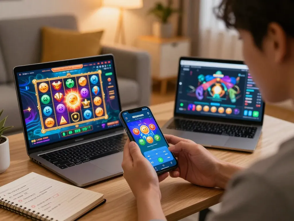 situs gacor nekatwin showcased in an engaging online gaming scene with a player enjoying their mobile gaming experience.