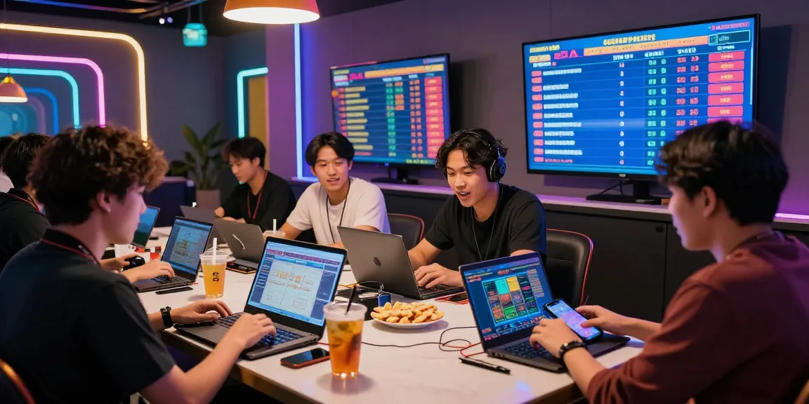 Engaged players enjoying togel online gaming in a modern lounge with vibrant atmosphere.