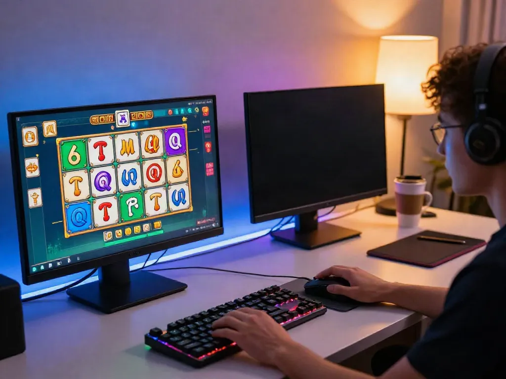 Pengguna MESINMPO bermain permainan slot Mahjong dengan antarmuka menarik dan aksesori gaming.
