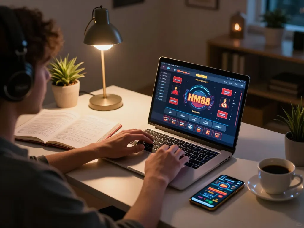 Engaged player analyzing HM88 online casino strategies at cozy home setup