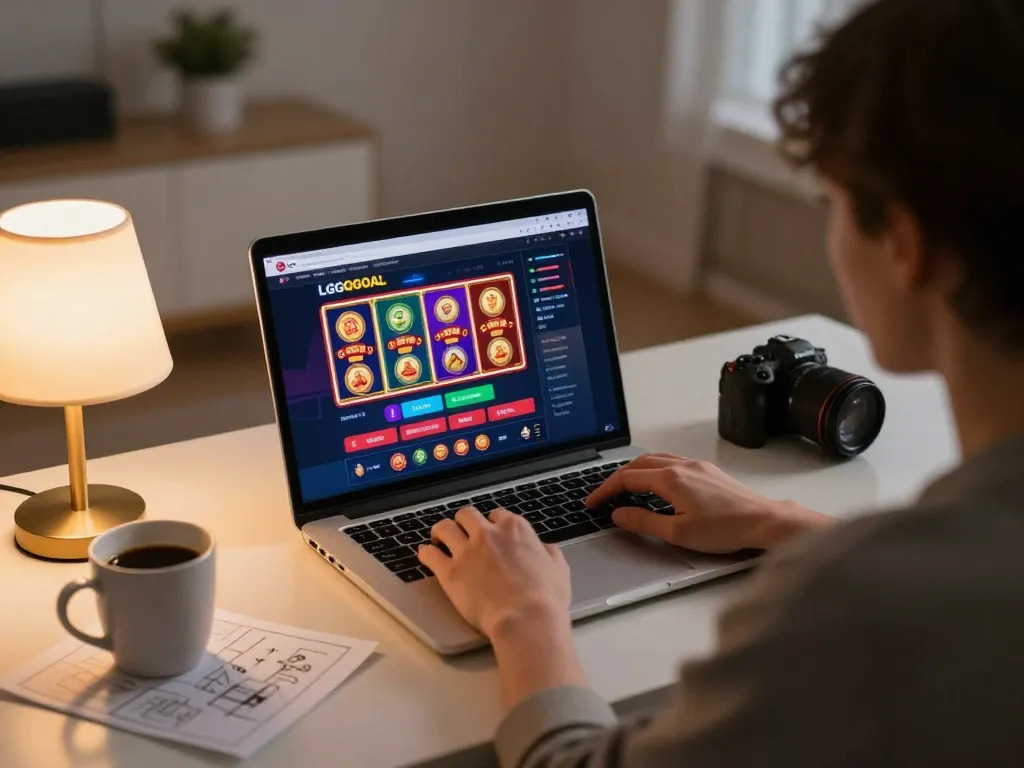 Playing slot games on LGOGOAL platform from a modern home office setup.