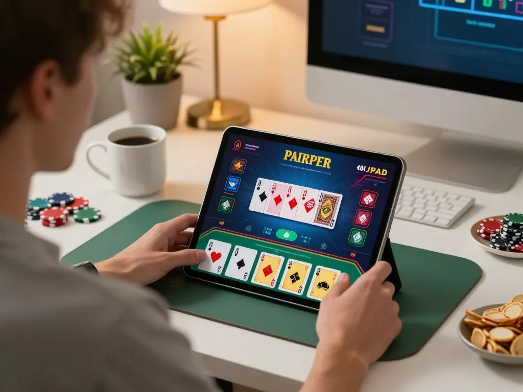 Bromo888 player enjoying strategic poker action at home with tablet device.