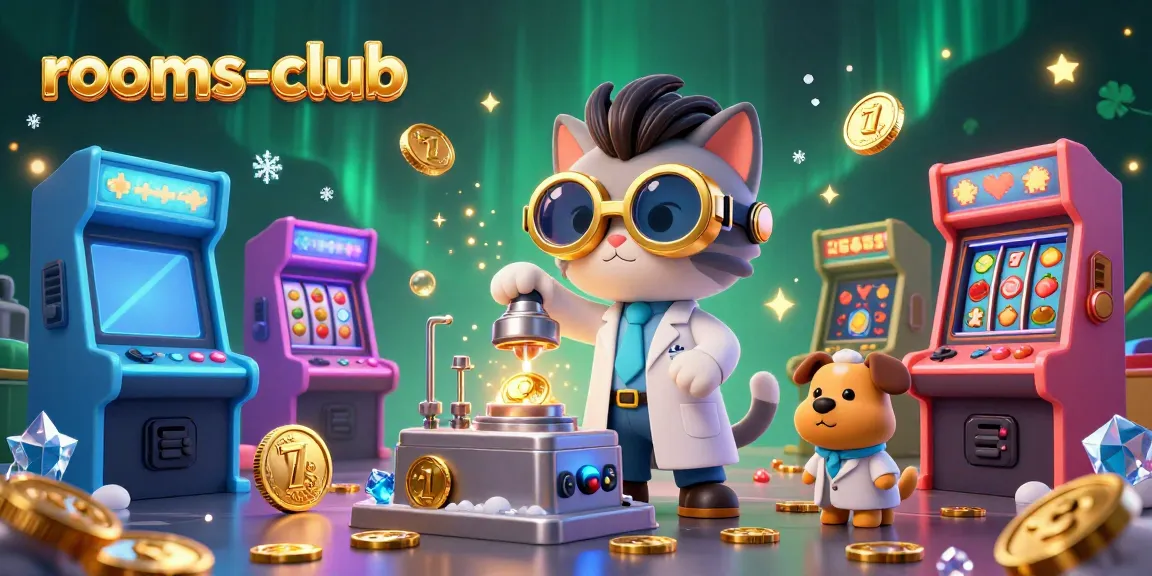 rooms-club menampilkan ilustrasi 3D dengan karakter ilmuwan kucing dan anjing menciptakan mesin emas