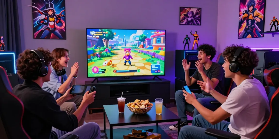 Excited gamers enjoying an ecchi game in a vibrant gaming lounge.
