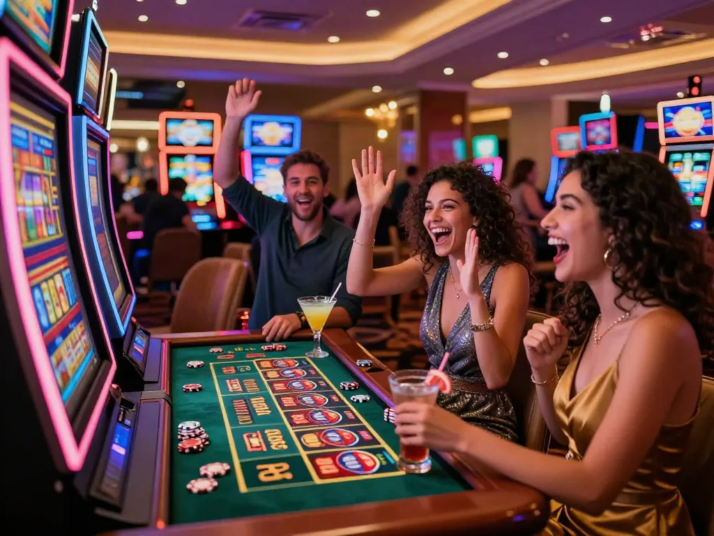 Group of friends enjoying a big win at akunjp slot machines in a vibrant casino.