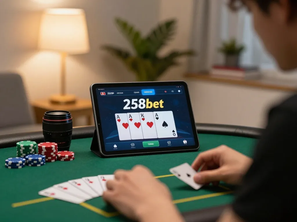 Engaging in online gambling on 258bet with poker interface displayed on tablet.