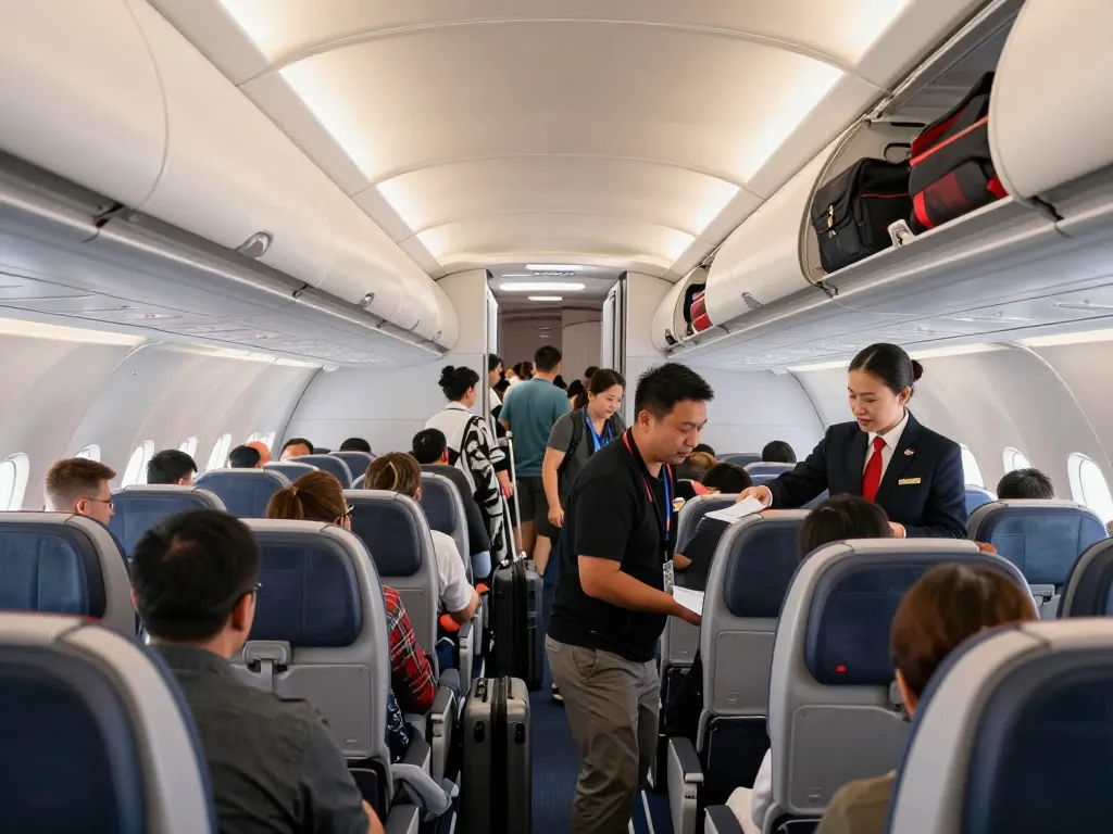 Excited passengers boarding an American Airlines 789P aircraft at the airport.