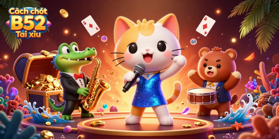 Cách chơi B52 Tài xỉu in vibrant casino-themed 3D scene with animated characters and dynamic decorations.