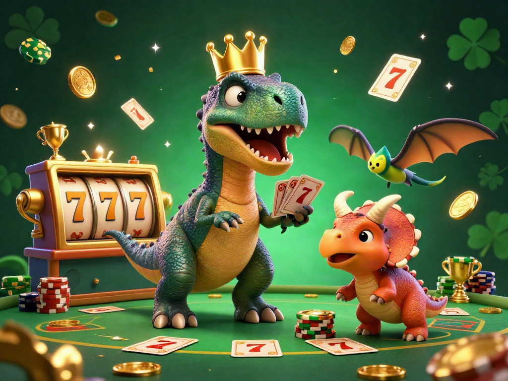 Mahjong slot permainan dengan T-Rex bermahkota yang mencoba mengocok kartu dan menerima chip emas.