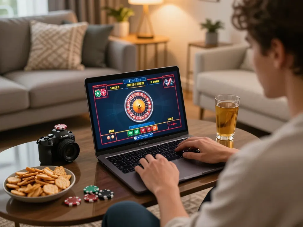 Engaging with mb88slot's live dealer roulette game at home, showcasing interactive gameplay.