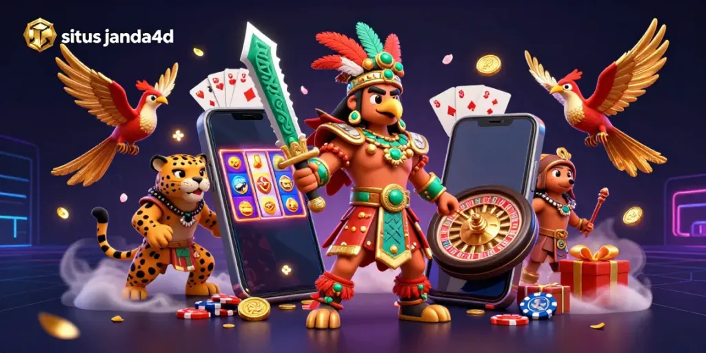 Permainan kasino menarik di situs janda4d dengan pejuang Aztec dan simbol slot berwarna.