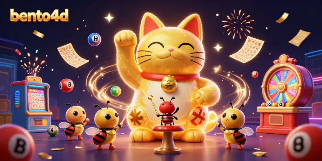 Engage with bento4d's thrilling atmosphere featuring a vibrant lucky cat and dynamic casino elements.