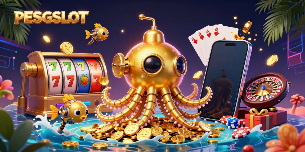 Permainan PESGSLOT dengan kraken dan uang emas dalam ilustrasi 3D yang menarik.