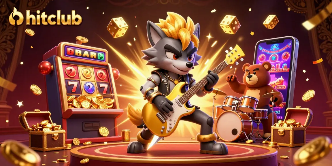 Hitclub's vibrant scene showcases an electrifying gaming atmosphere with lively characters and dynamic casino elements.