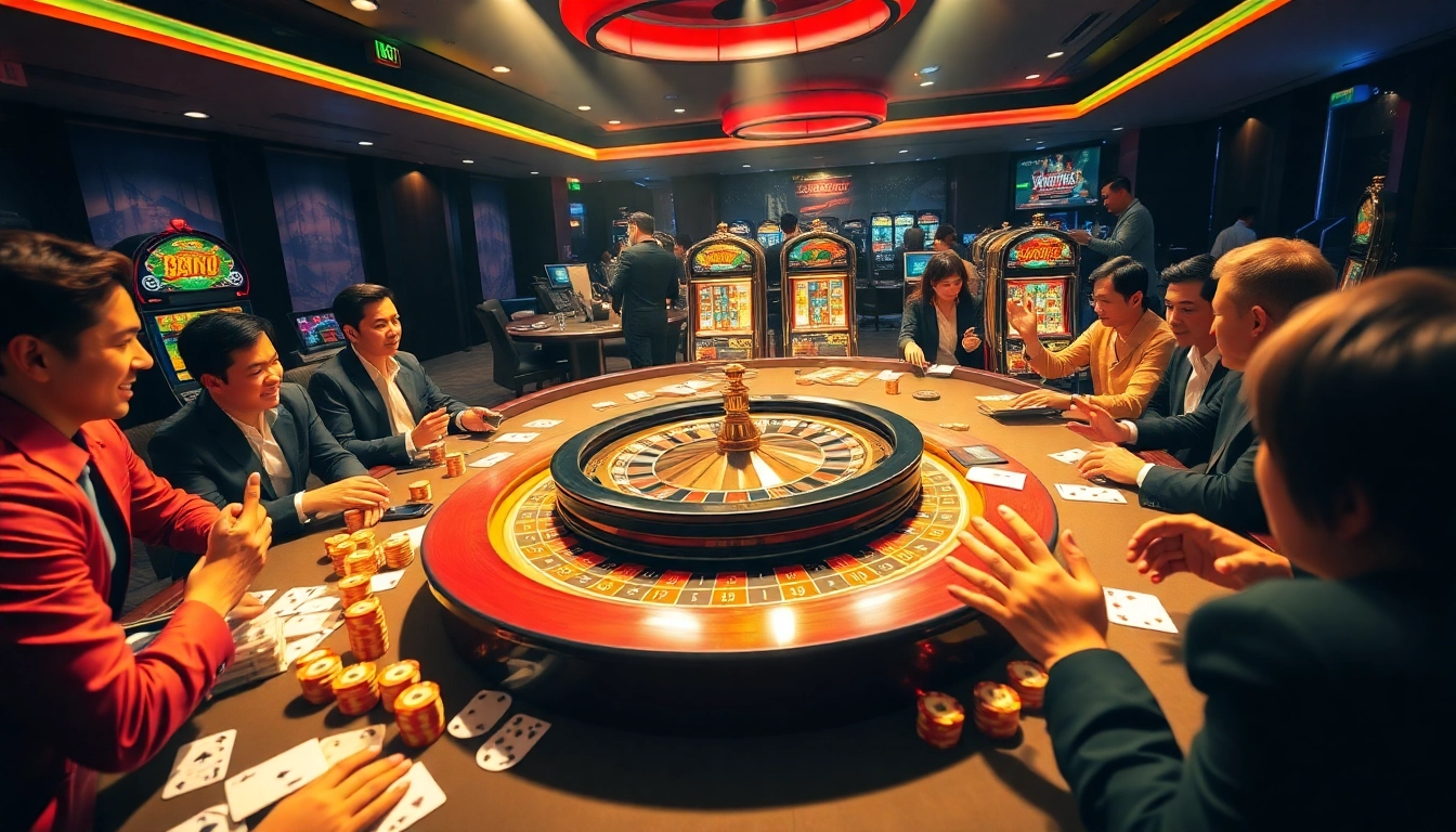 B52 casino players enjoying a luxurious roulette game surrounded by vibrant tables and poker chips.