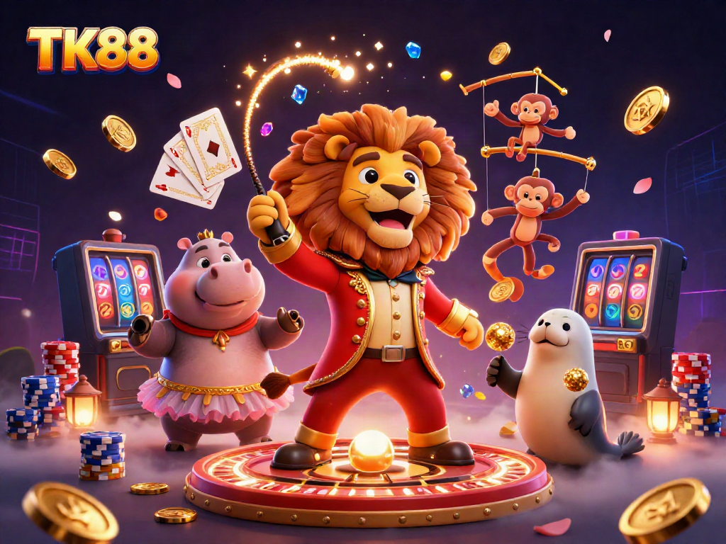 Spin and win at TK88 with a vibrant, dynamic 3D casino scene, showcasing excitement and action in gambling.