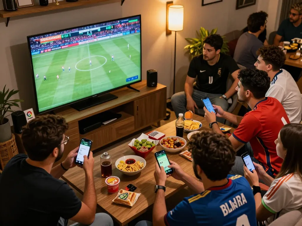 Tỷ Lệ Kèo La Liga betting scene with fans analyzing odds on smartphones during live match.