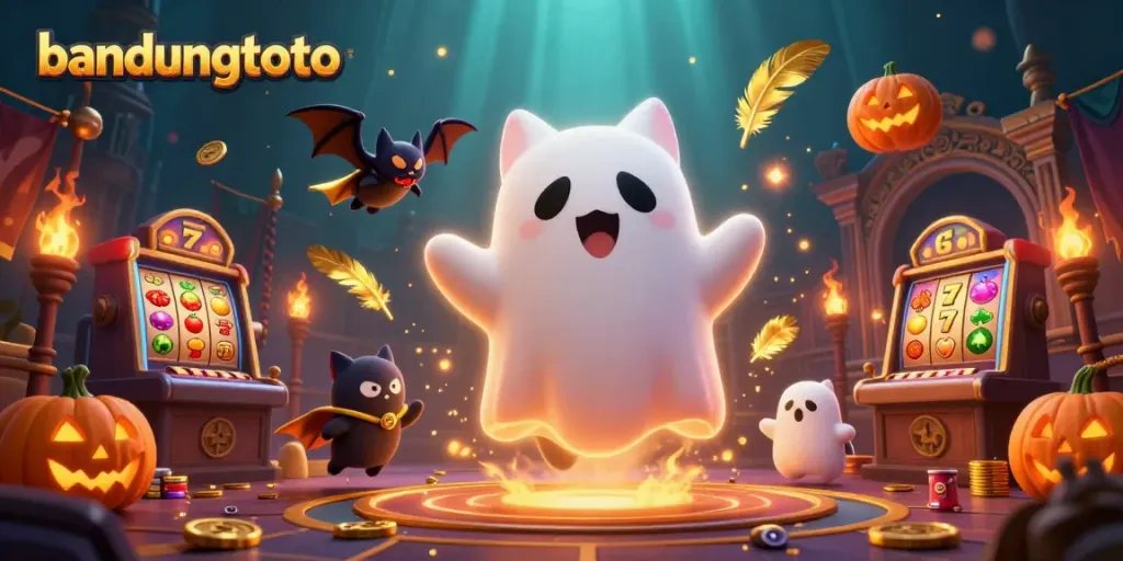 Experience the vibrant world of bandungtoto with a floating ghost cat and a vampire bat in a haunted casino scene.