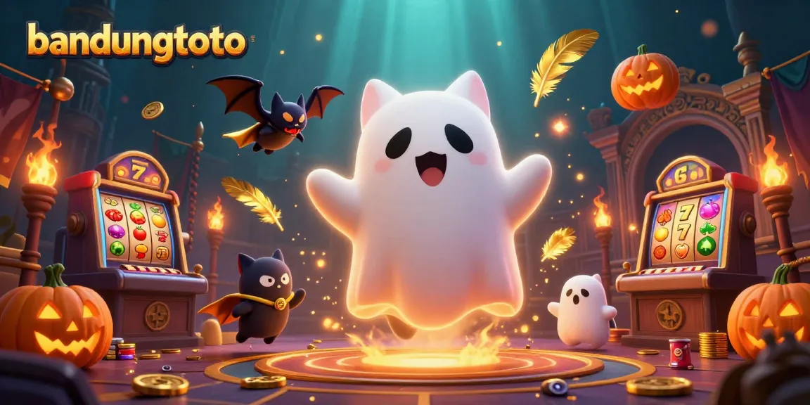 Experience the vibrant world of bandungtoto with a floating ghost cat and a vampire bat in a haunted casino scene.