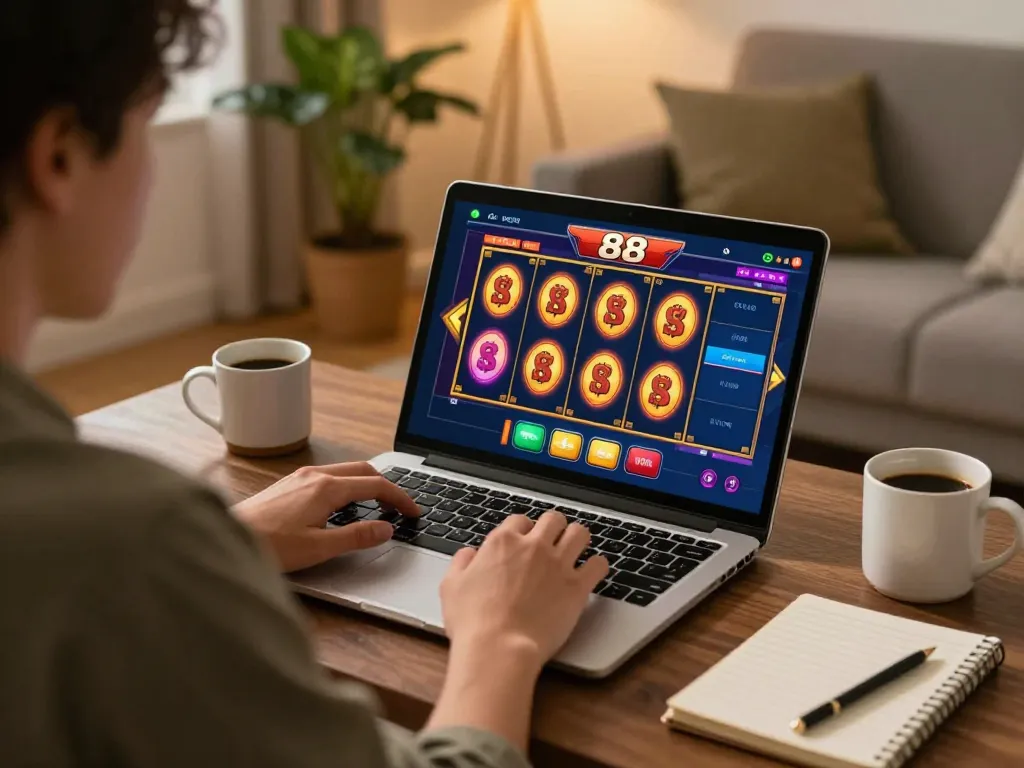 Player enjoying an immersive slot88 game in a cozy home setup, showcasing strategic planning