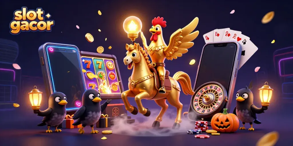 Engage in thrilling slot gacor gameplay as a golden rooster riding a spectral horse graces your midnight casino experience.