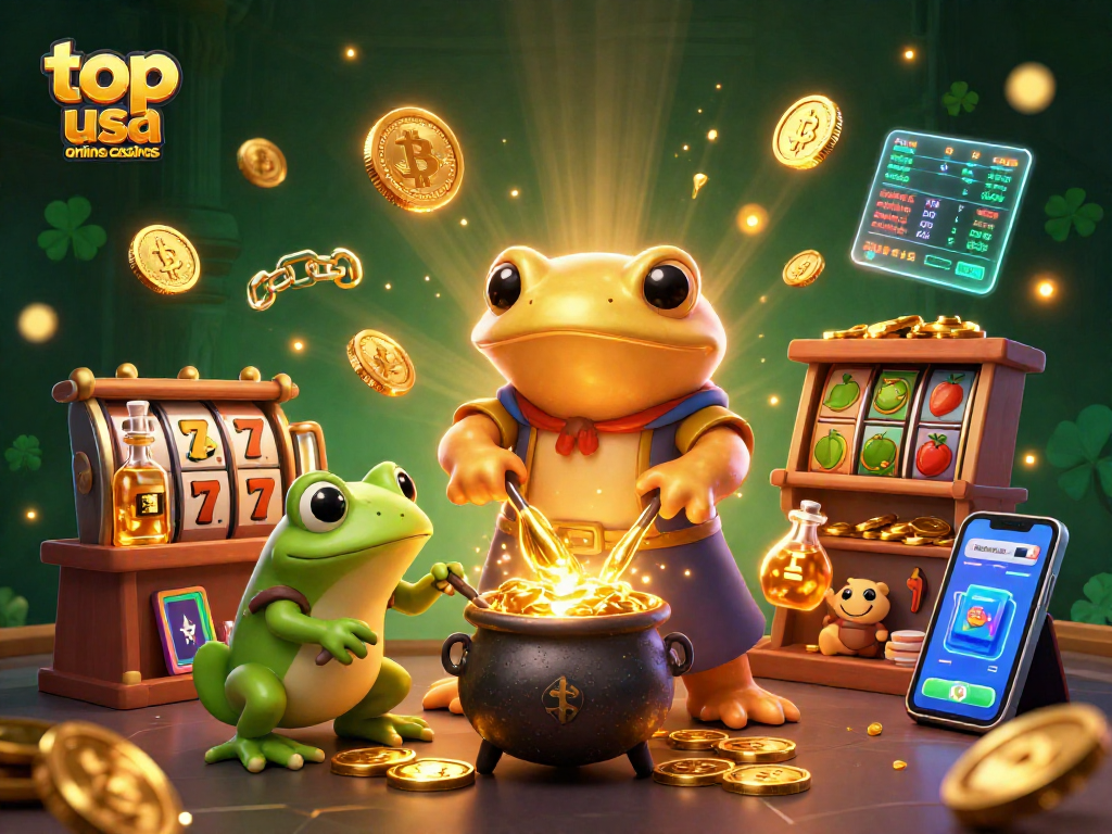 Explore top usa online casinos with 3D characters showcasing vibrant slot elements and cryptocurrency.