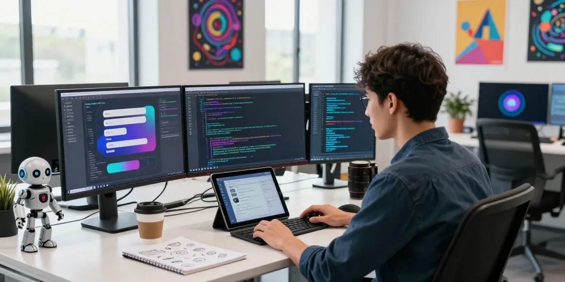 Developer coding Crushon AI applications at modern tech workspace with multiple screens.