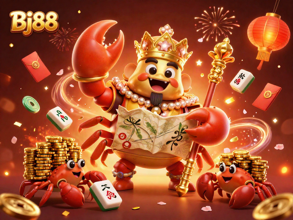 Bj88 illustrates a vibrant casino scene with a golden crab emperor, treasure map, and lucky elements.