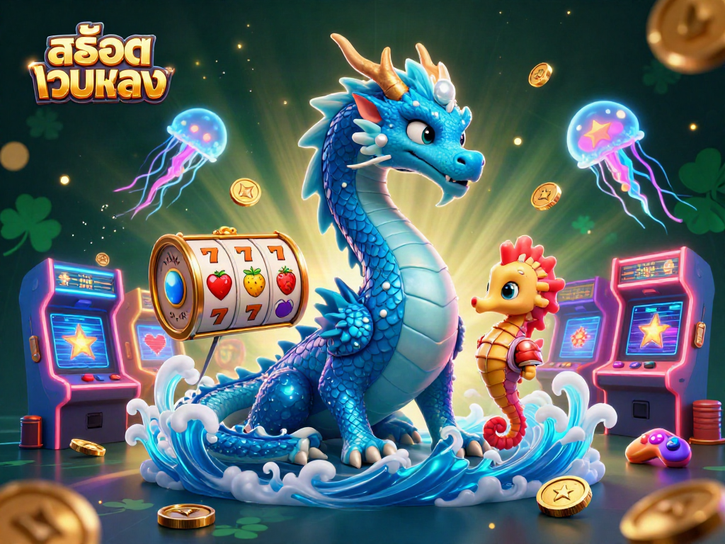 Engage with สล็อตเว็บตรง as a majestic dragon and seahorse knight play among slot reels and neon jellyfish.
