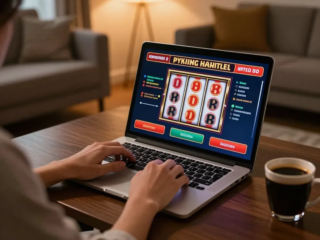 Engaging in online slot gameplay with bonus new member 100 offer, showcasing a cozy gaming setup.