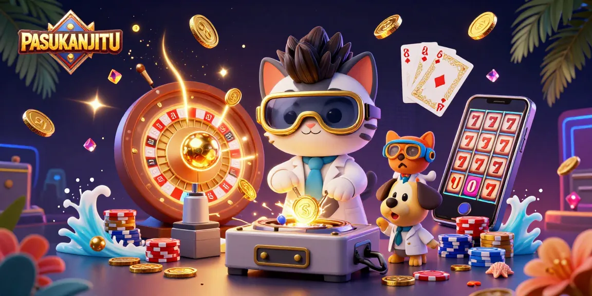 PASUKANJITU showcases a whimsical casino scene with a mad scientist cat and a dog, creating gold coins amidst vibrant gambling elements.