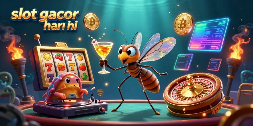 Slot gacor hari ini dengan karakter kartun di kasino dan elemen permainan mendebarkan.