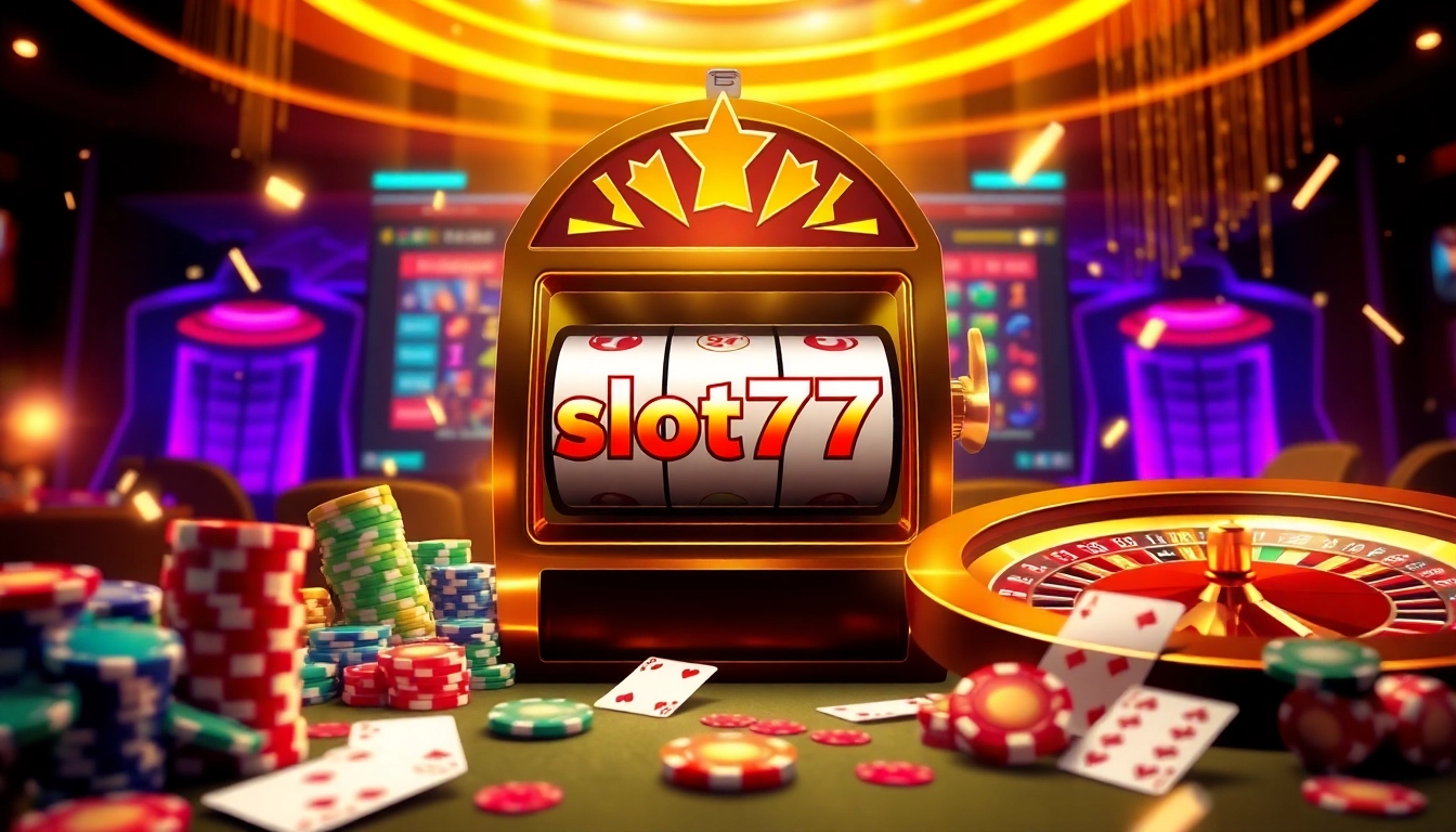 Sparking excitement at slot777 with a luxurious online casino atmosphere, featuring vibrant chips and elegant slot machines.