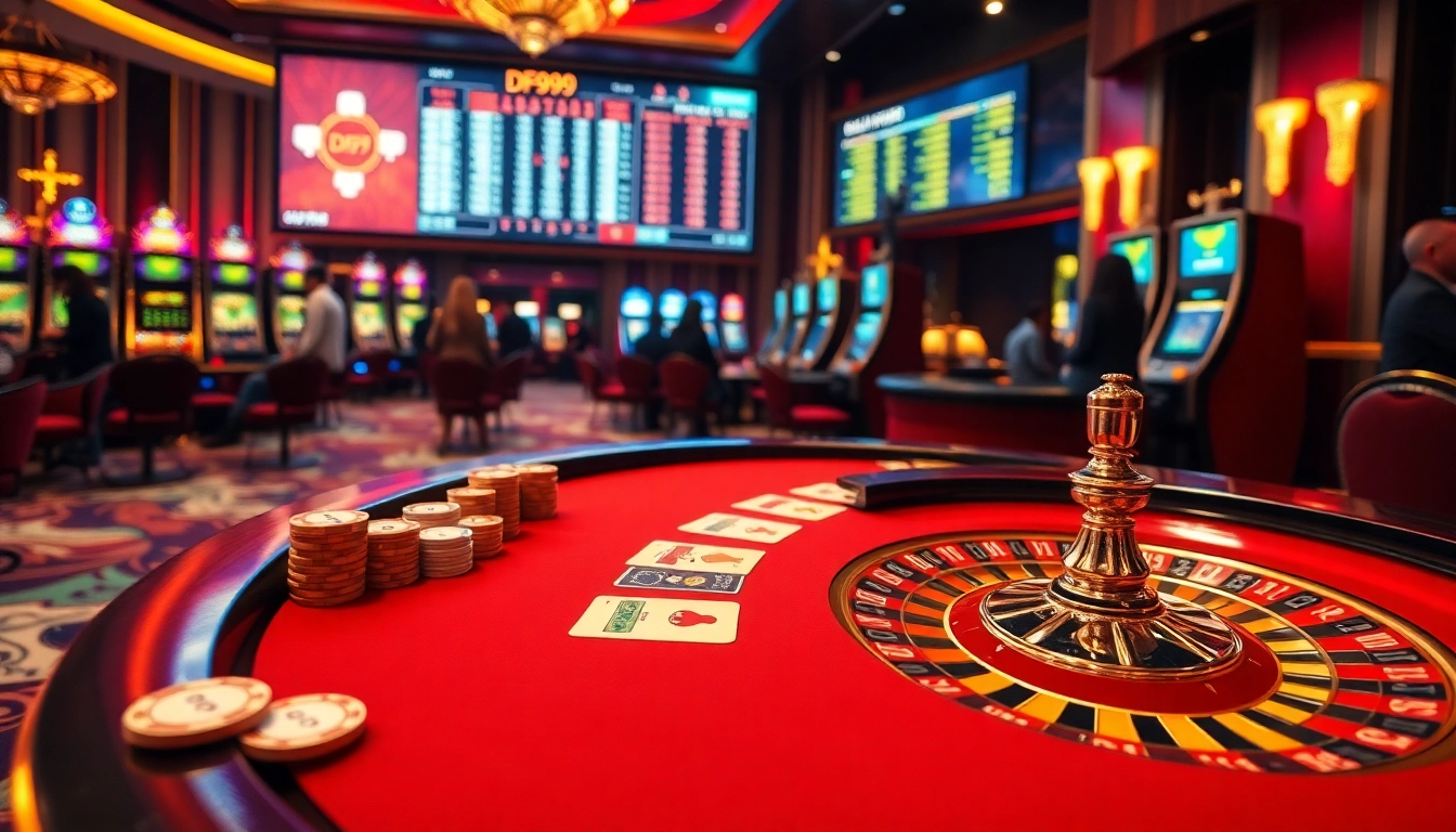 DF999 poker table showcasing colorful chips and exciting gameplay in a luxury casino setting.