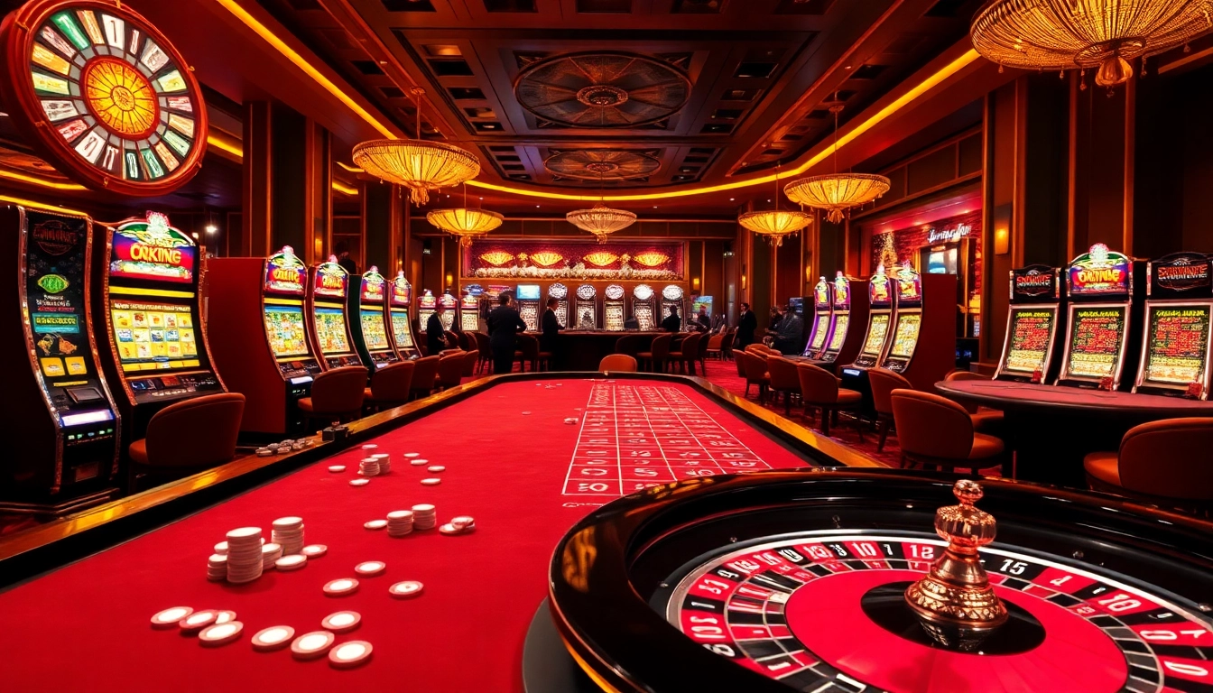 Experience the thrilling ambiance of Okking at a luxurious casino with roulette tables and vibrant slot machines.