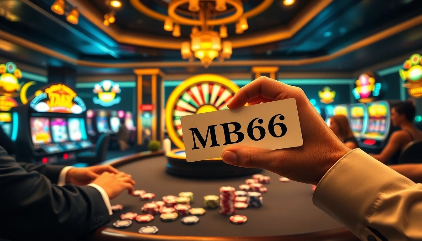 Engaging players at MB66 gambling table surrounded by vibrant poker chips and slot machines.