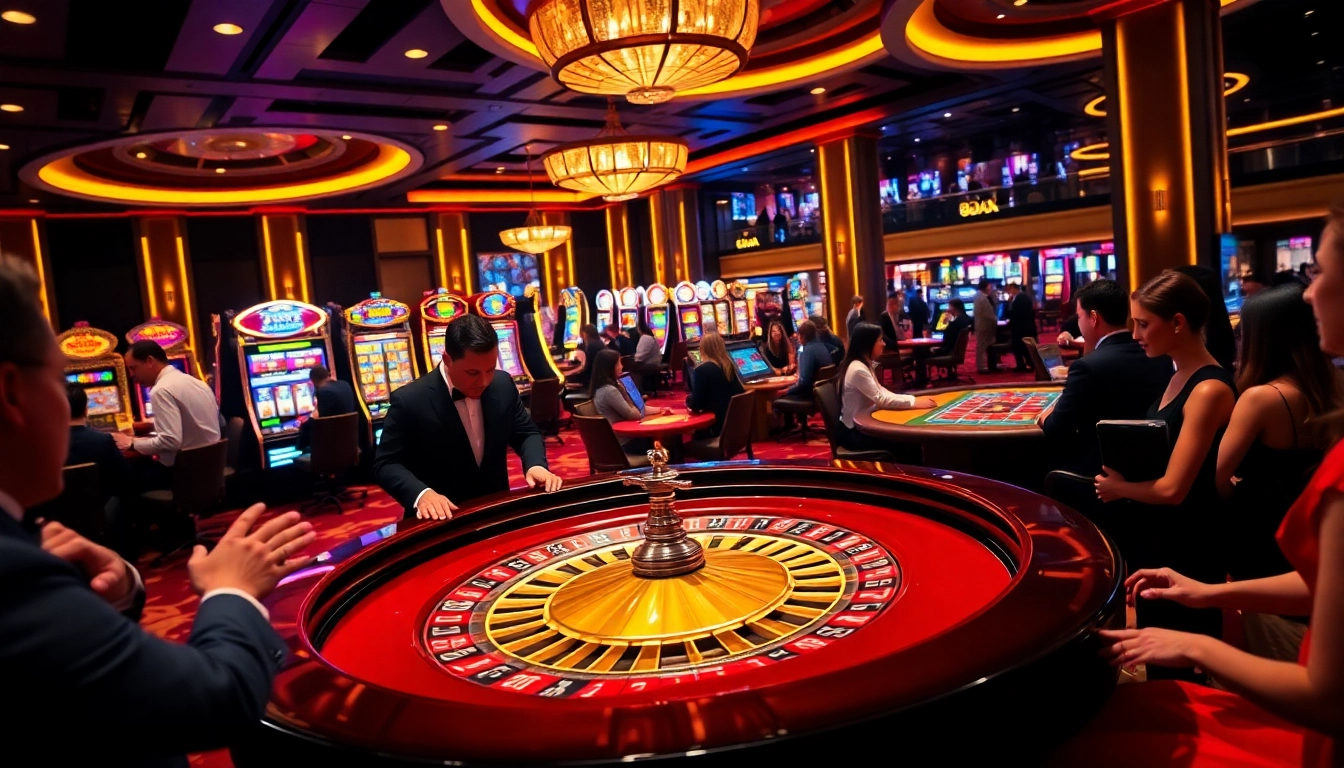 8DAY casino scene with roulette wheels, slot machines, and excited players enjoying their gambling experience.