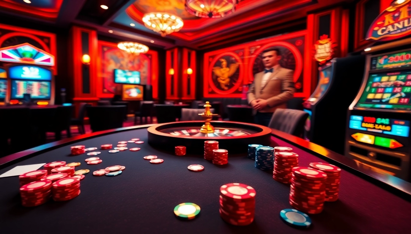 Engaging casino scene with bongdalu theme featuring poker chips, roulette wheel, and vibrant slot machines.