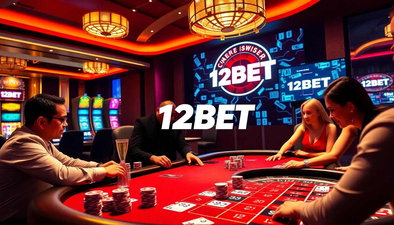 Players engaging in a thrilling poker game at a 12BET casino, showcasing vibrant colors and excitement.