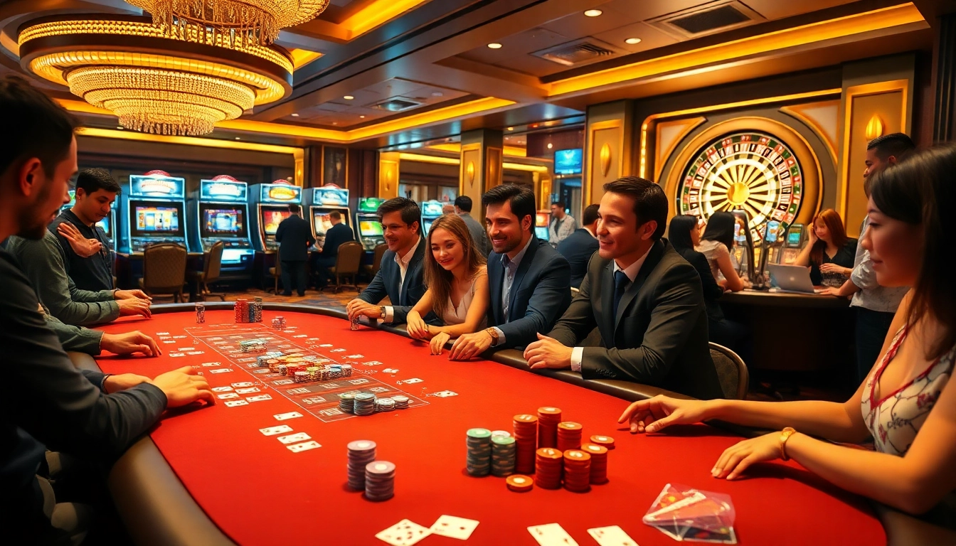 Exciting gaming atmosphere at 13Win with poker tables and roulette wheels.